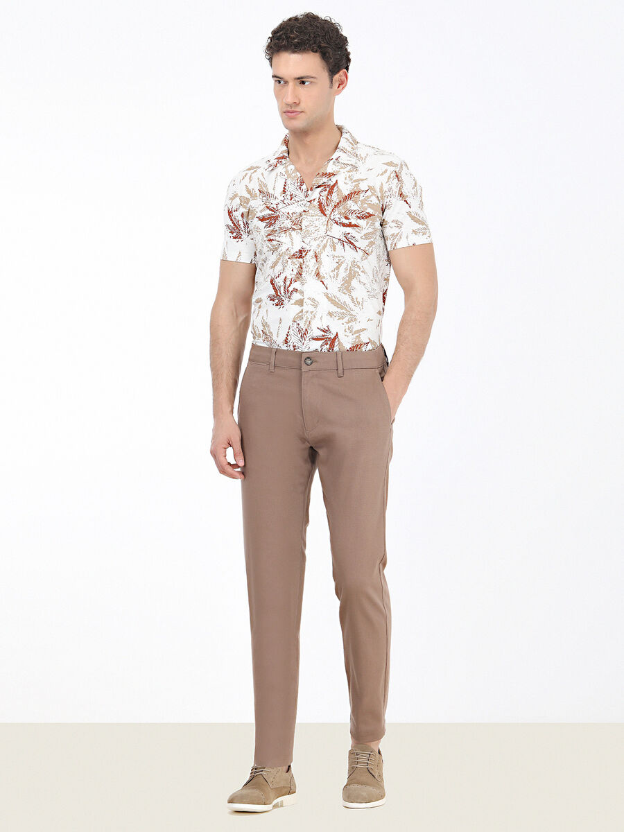 Light Brown Weaving Regular Fit Casual Cotton Blended Trousers - 2
