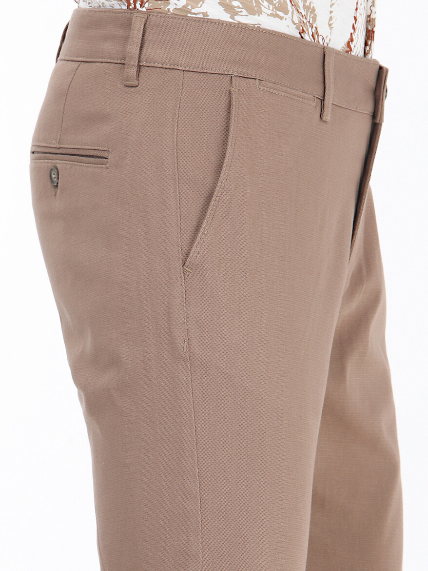 Light Brown Weaving Regular Fit Casual Cotton Blended Trousers - 3