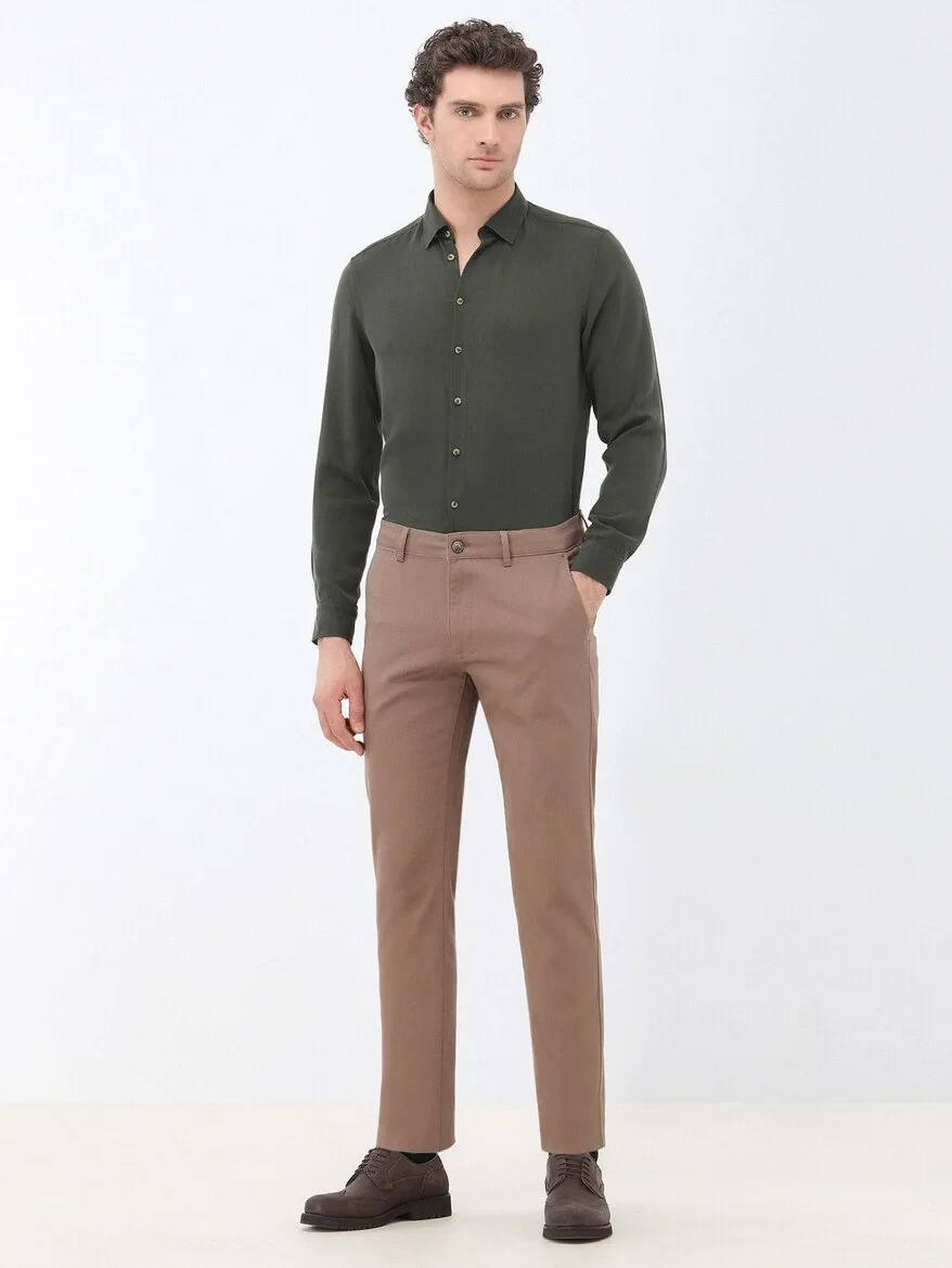 Light Brown Weaving Regular Fit Casual Cotton Blended Trousers - 2