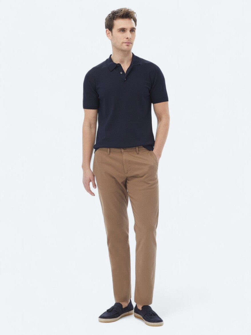 Light Brown Weaving Regular Fit Casual Cotton Blended Trousers - 1