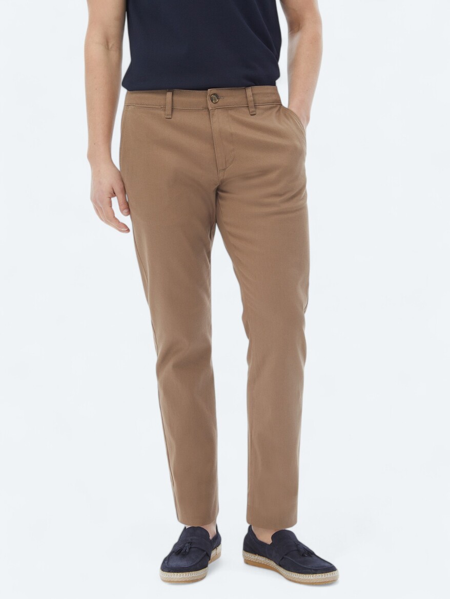 Light Brown Weaving Regular Fit Casual Cotton Blended Trousers - 3