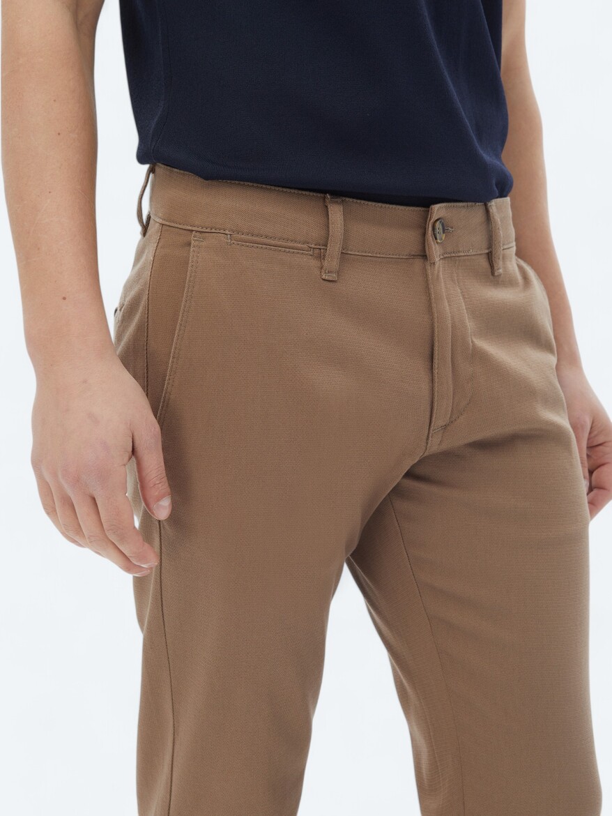 Light Brown Weaving Regular Fit Casual Cotton Blended Trousers - 4