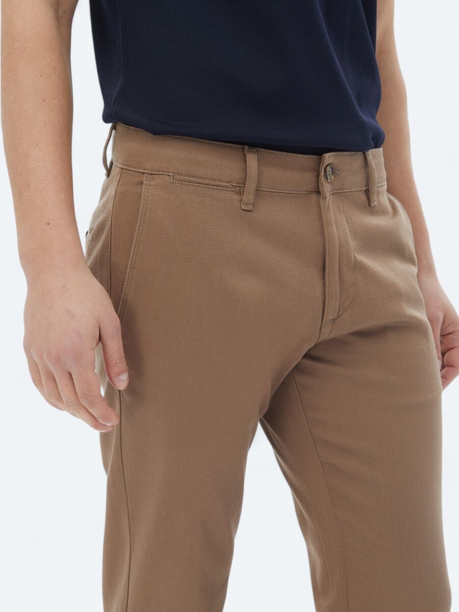 Light Brown Weaving Regular Fit Casual Cotton Blended Trousers - 4