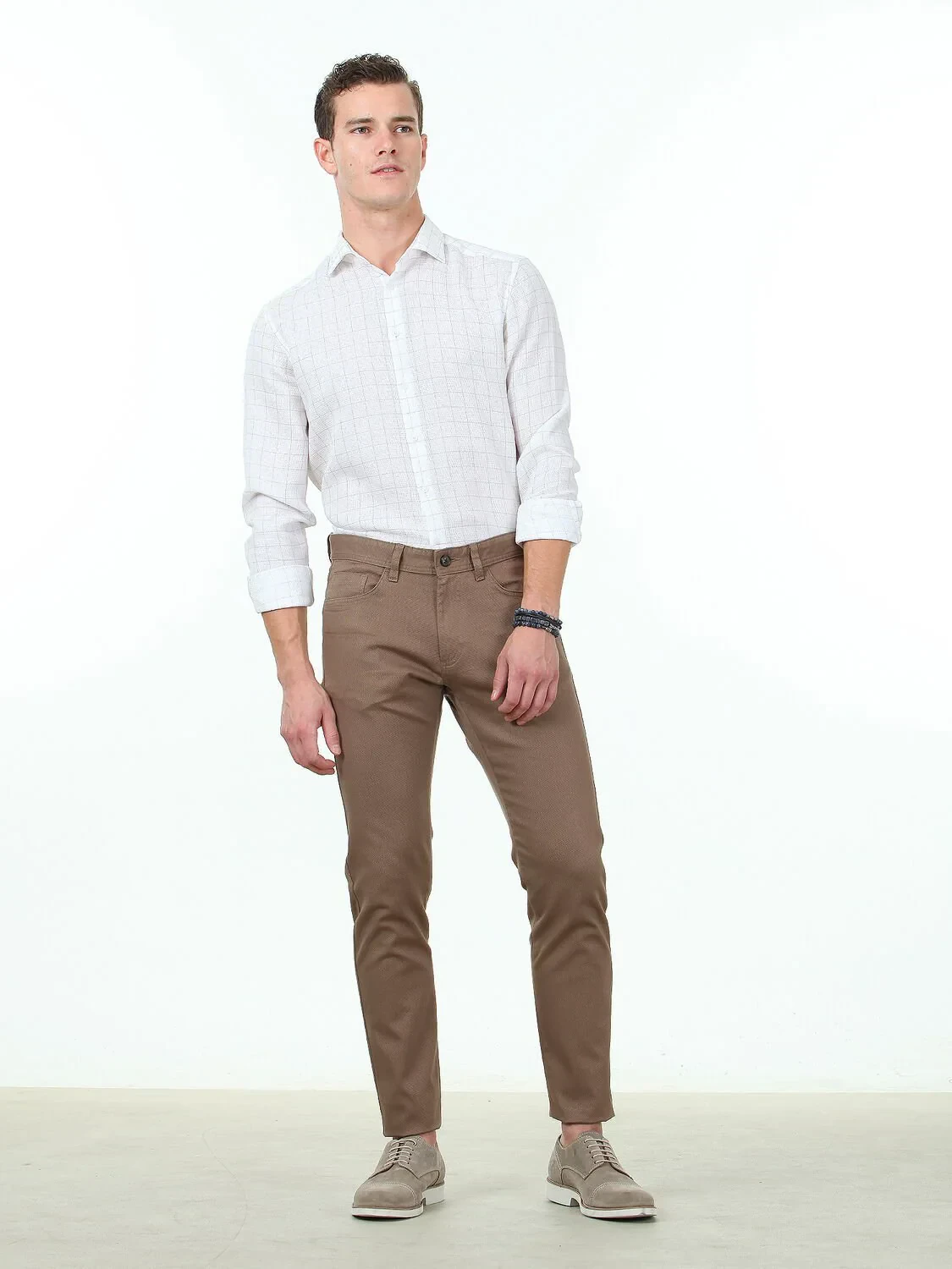 Light Brown Weaving Slim Fit Casual Cotton Blended Trousers - 2