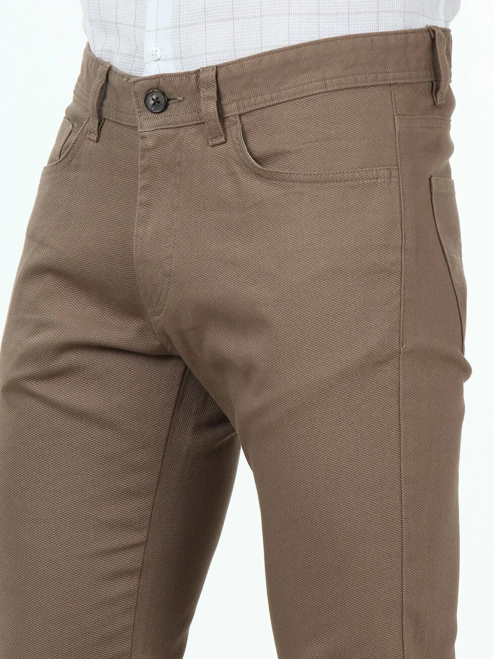 Light Brown Weaving Slim Fit Casual Cotton Blended Trousers - 3