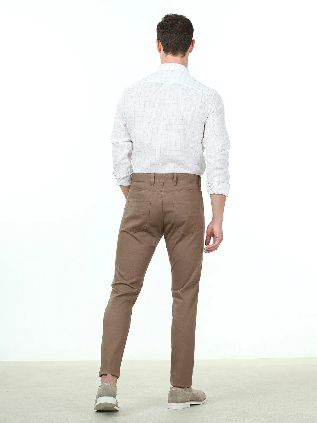 Light Brown Weaving Slim Fit Casual Cotton Blended Trousers - 4