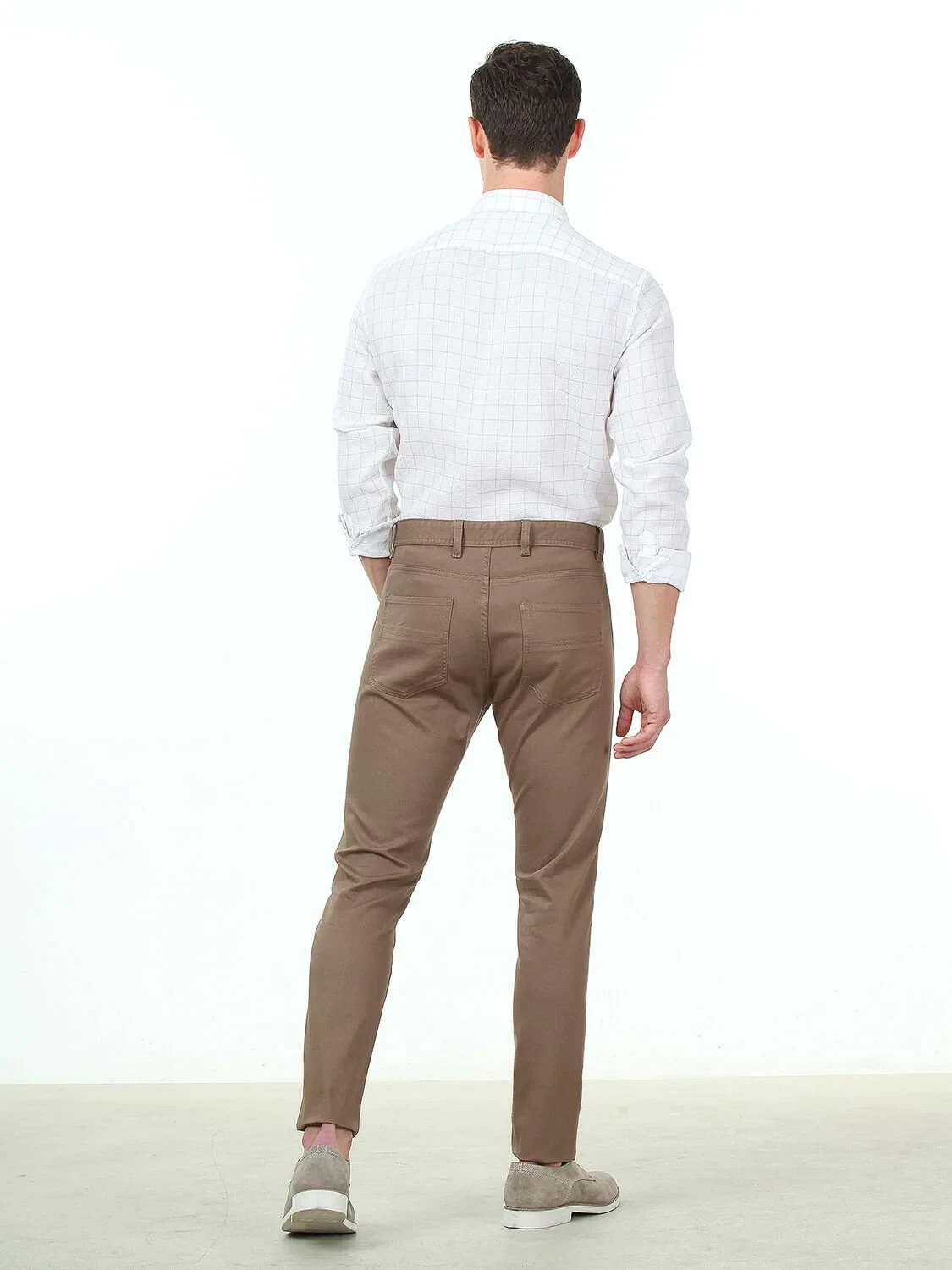 Light Brown Weaving Slim Fit Casual Cotton Blended Trousers - 4