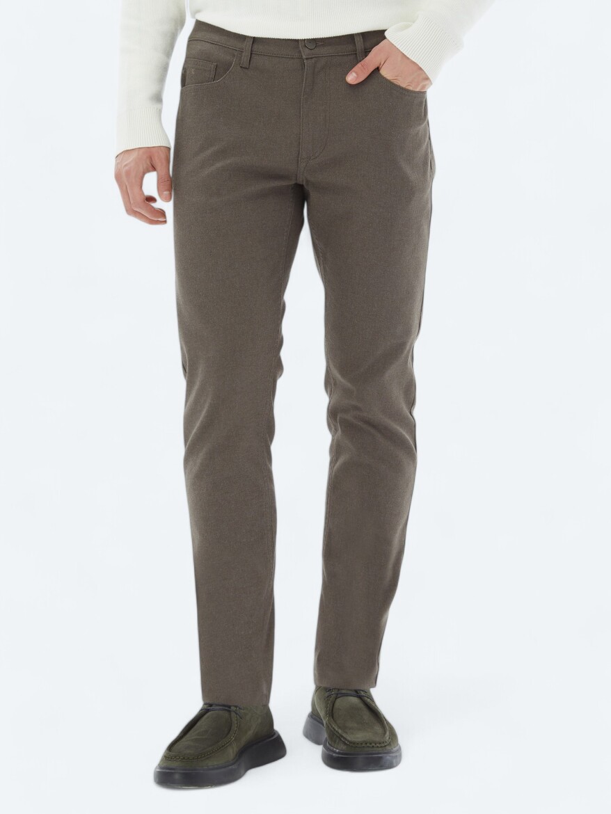 Light Brown Weaving Slim Fit Casual Cotton Blended Trousers - KİP
