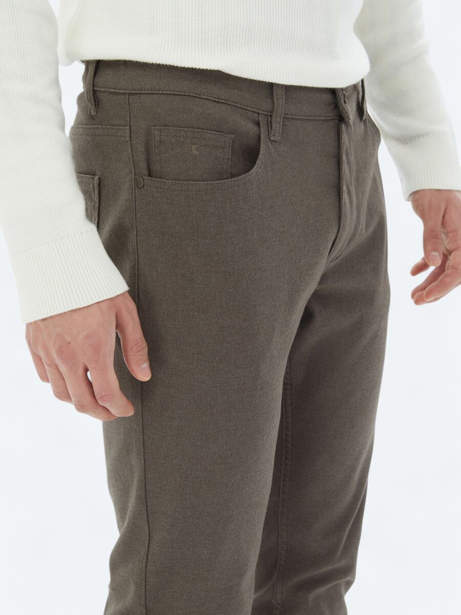 Light Brown Weaving Slim Fit Casual Cotton Blended Trousers - 3