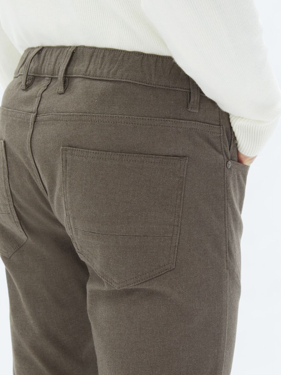 Light Brown Weaving Slim Fit Casual Cotton Blended Trousers - 4