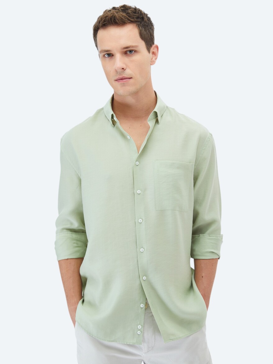 Light Green Plain Oversize Fit Long Weaving Casual Shirt - 1