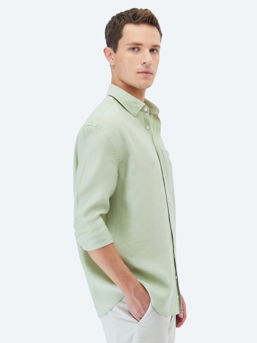 Light Green Plain Oversize Fit Long Weaving Casual Shirt - 3