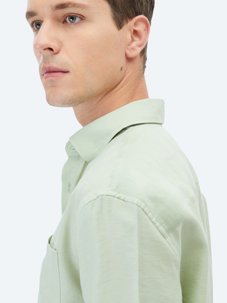Light Green Plain Oversize Fit Long Weaving Casual Shirt - 4