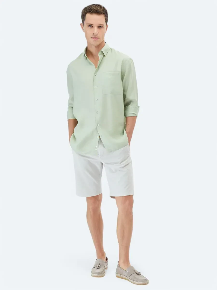Light Green Plain Weaving Casual Shirt - 2