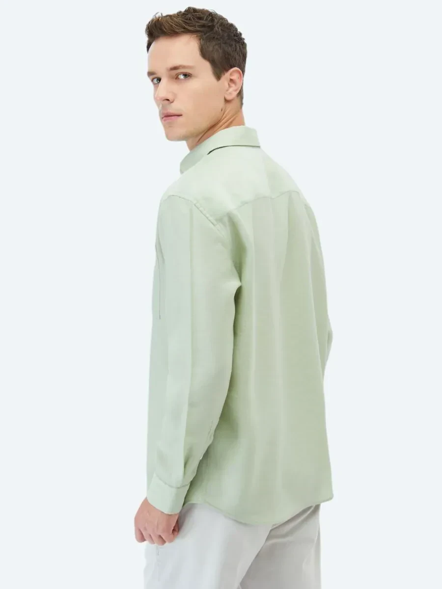 Light Green Plain Weaving Casual Shirt - 5
