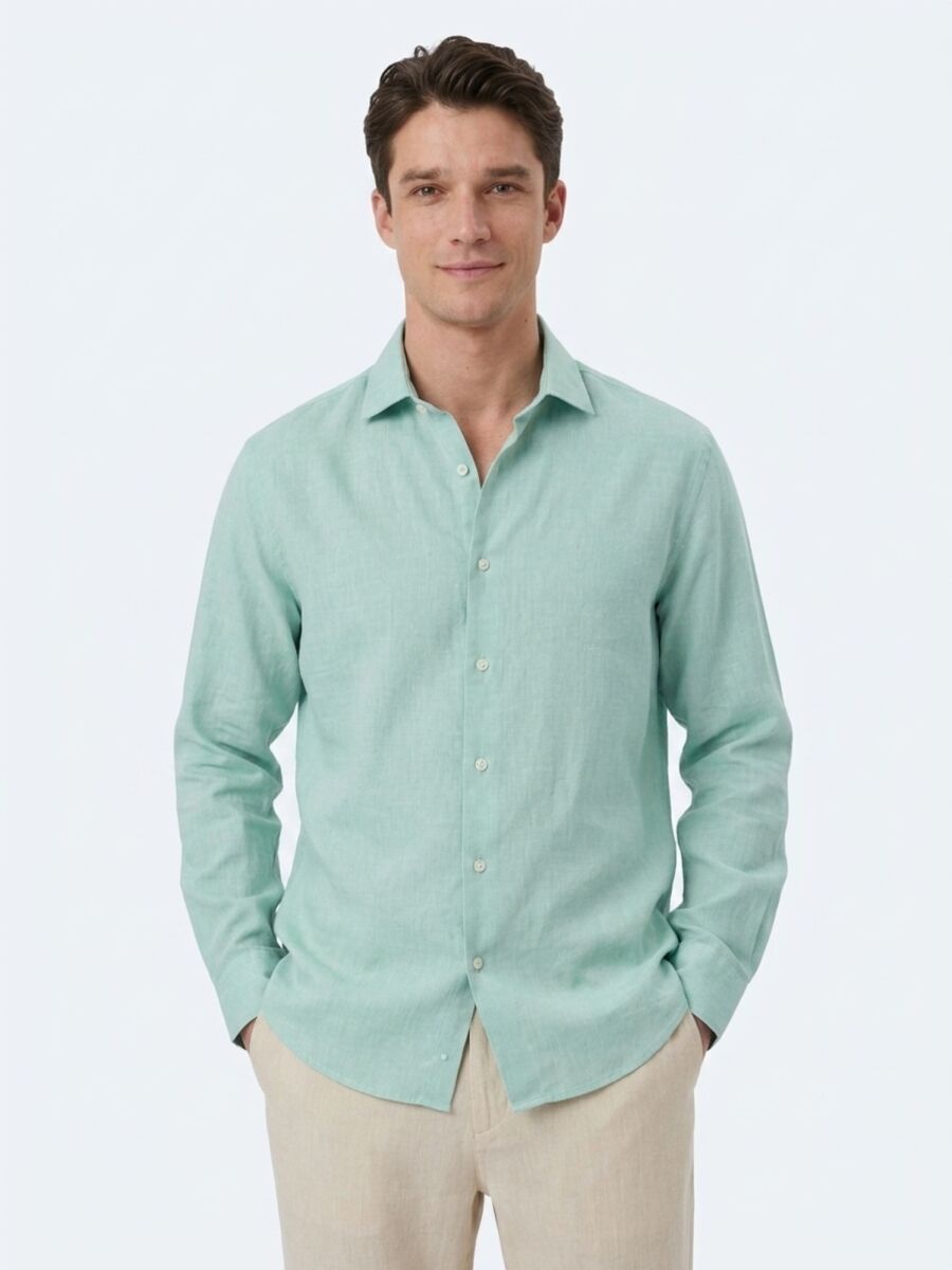 Light Green Regular Fit Long Weaving Casual Cotton Blended Shirt - 3