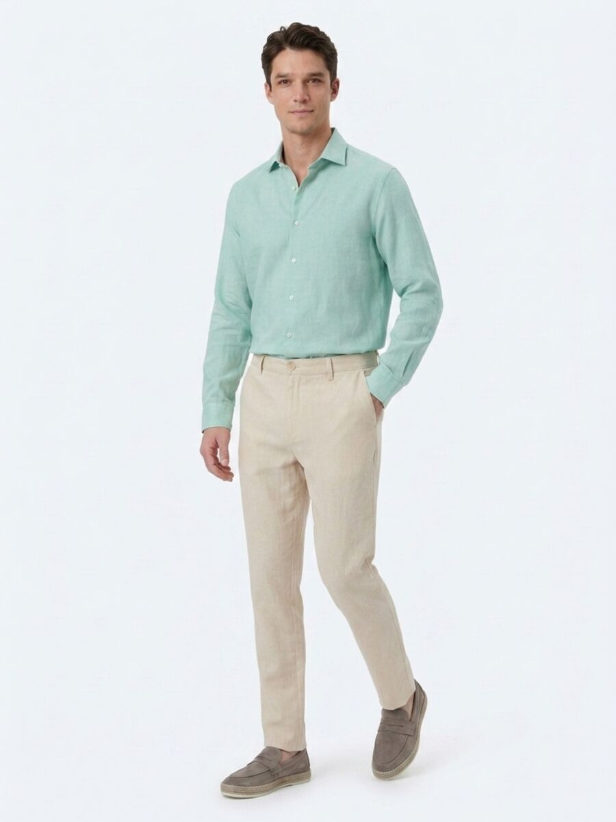 Light Green Regular Fit Long Weaving Casual Cotton Blended Shirt - 4