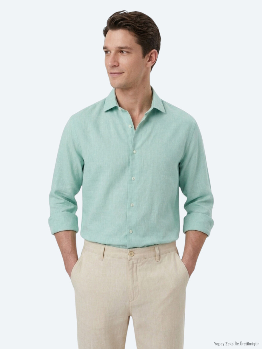 Light Green Regular Fit Long Weaving Casual Cotton Blended Shirt 