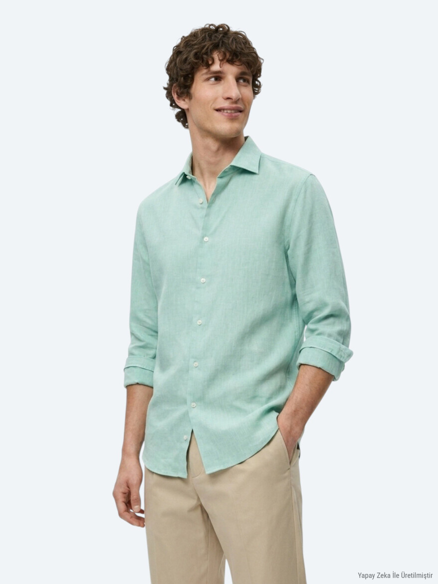 Light Green Regular Fit Long Weaving Casual Cotton Blended Shirt 