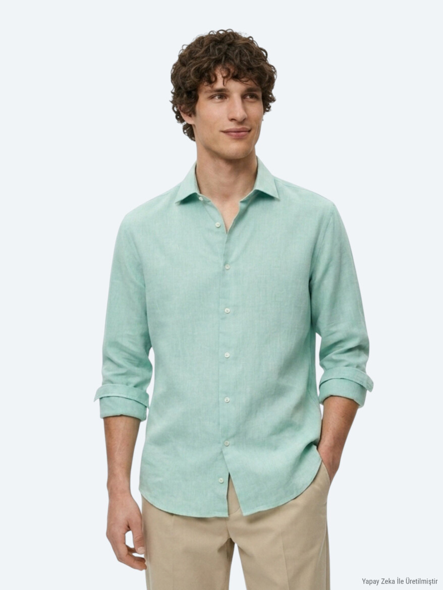 Light Green Regular Fit Long Weaving Casual Cotton Blended Shirt - 4