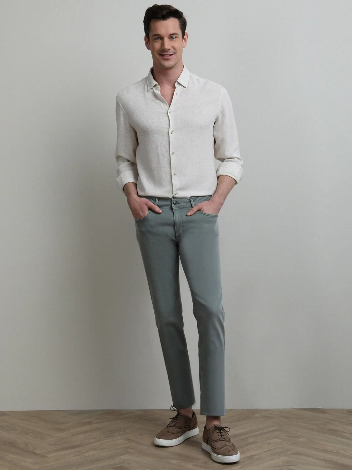 Light Green Slim Fit Denim Cotton Blended Trousers - 1