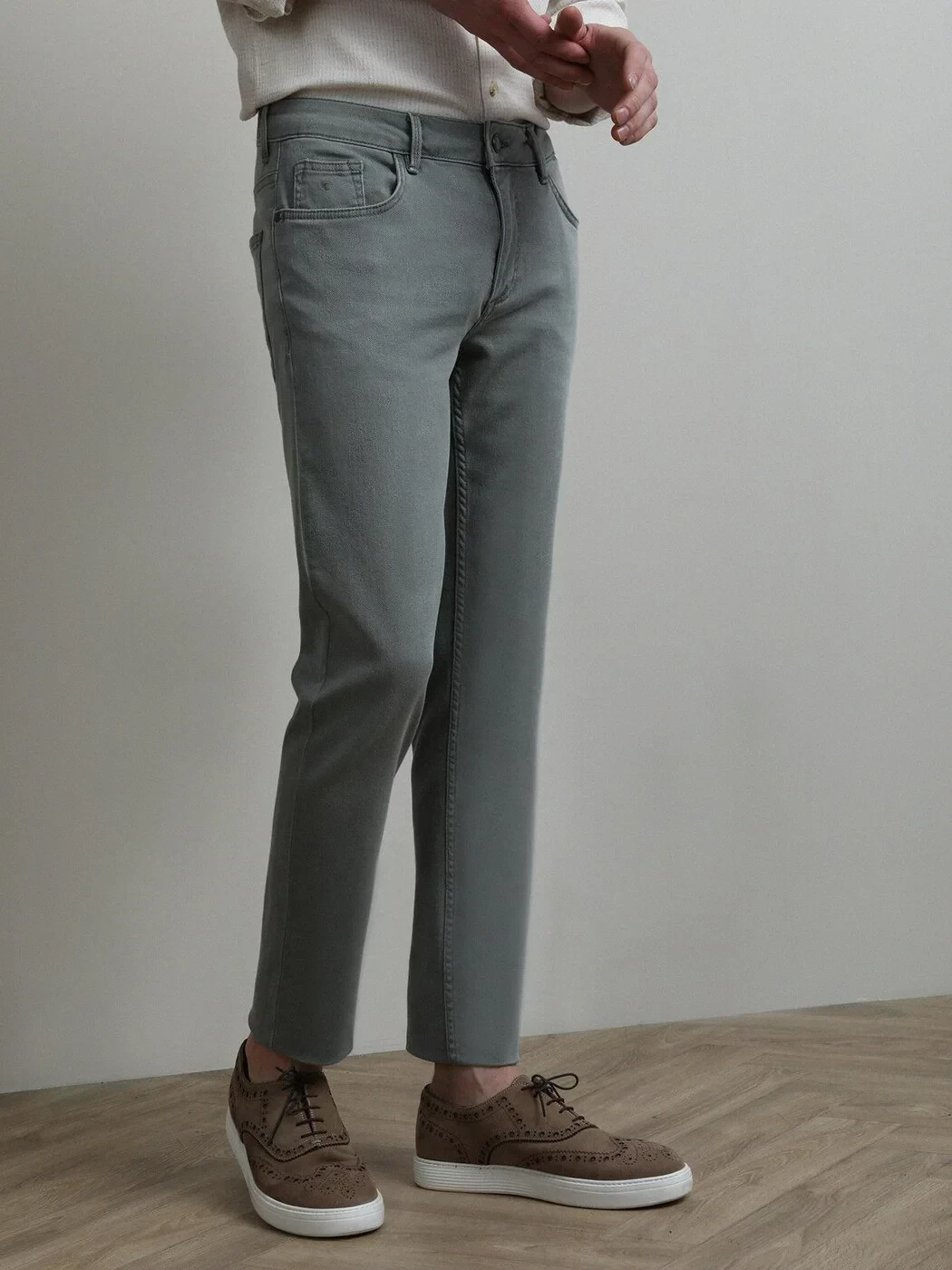 Light Green Slim Fit Denim Cotton Blended Trousers - 3