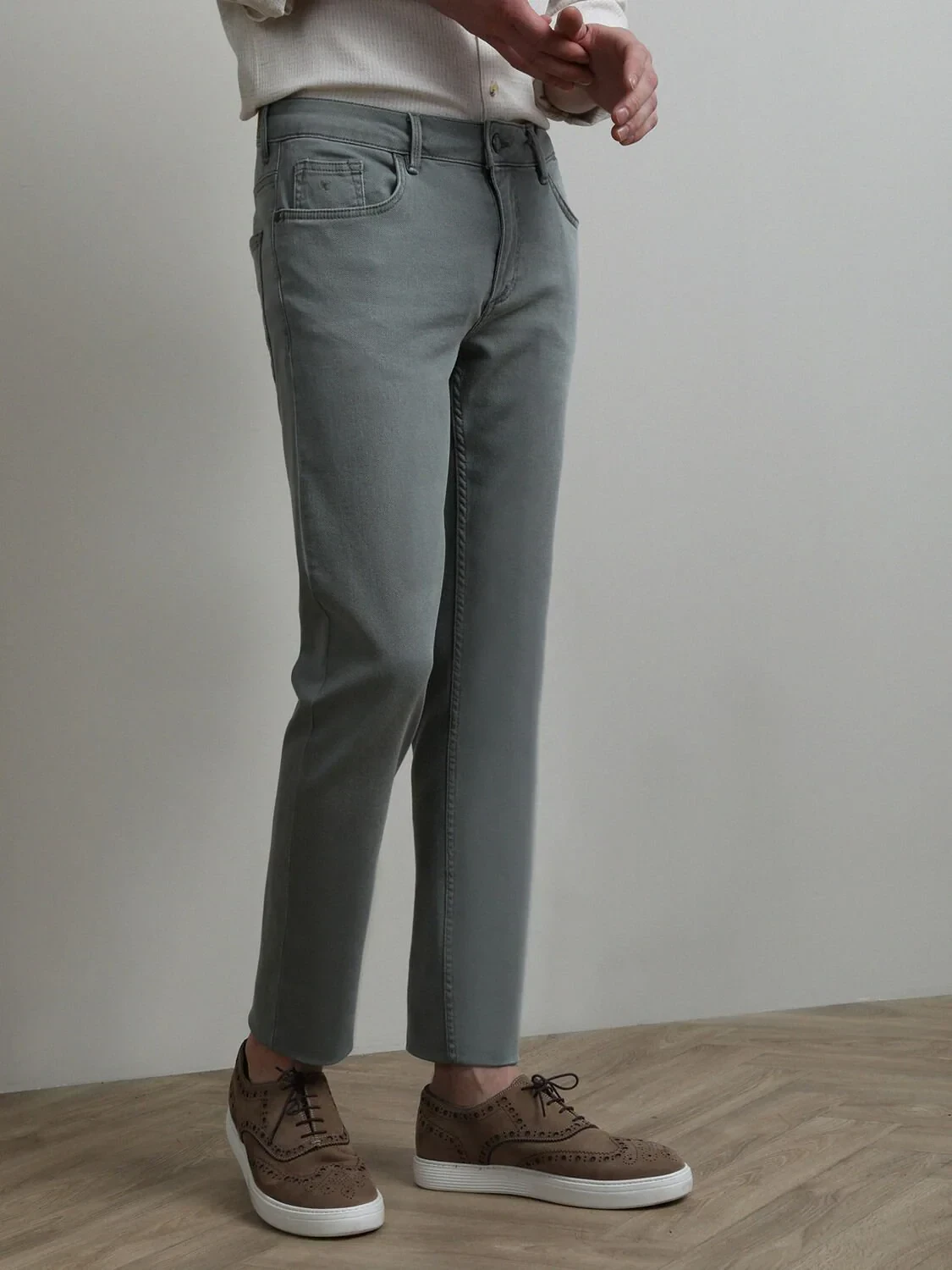 Light Green Slim Fit Denim Cotton Blended Trousers - 3