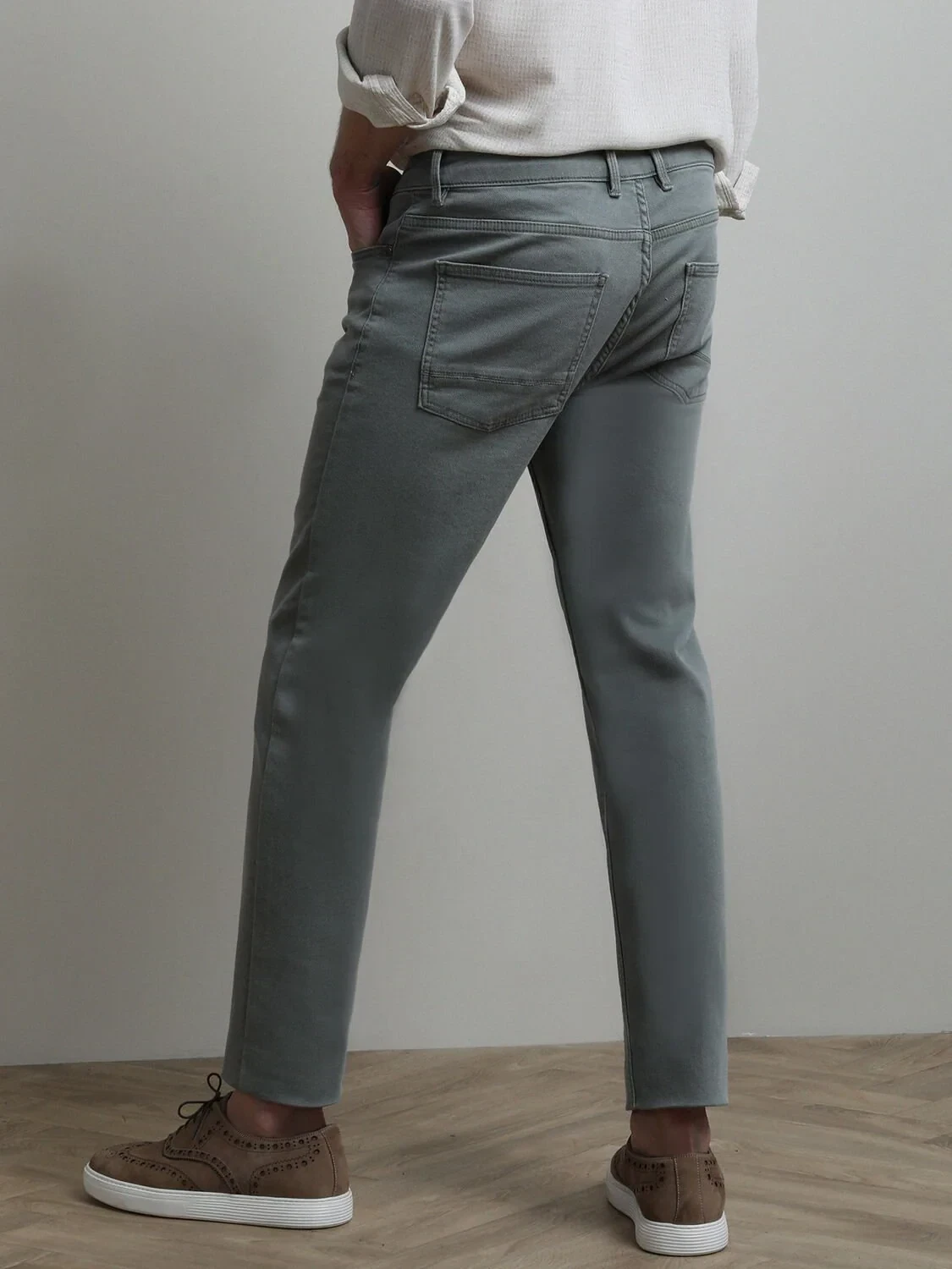 Light Green Slim Fit Denim Cotton Blended Trousers - 5
