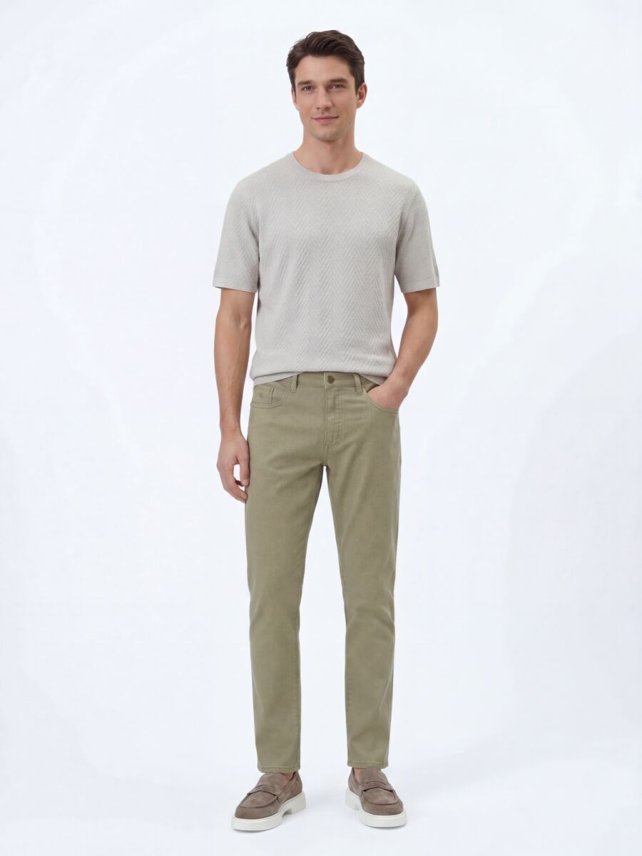 Light Green Weaving Regular Fit Casual Cotton Blended Trousers - 2