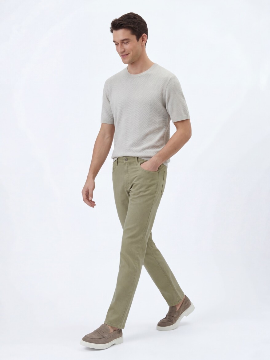 Light Green Weaving Regular Fit Casual Cotton Blended Trousers - 3