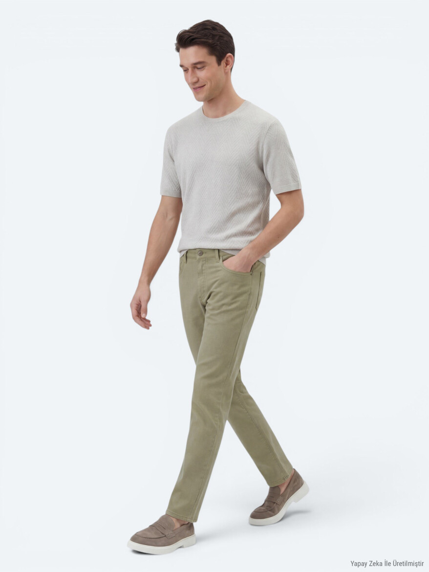 Light Green Weaving Regular Fit Casual Cotton Blended Trousers - 3