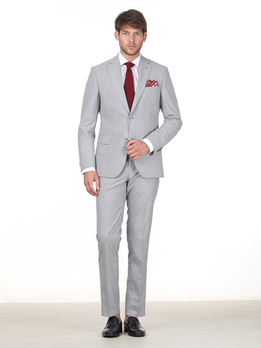 Light Grey Checkered Modern Fit Suit - 1