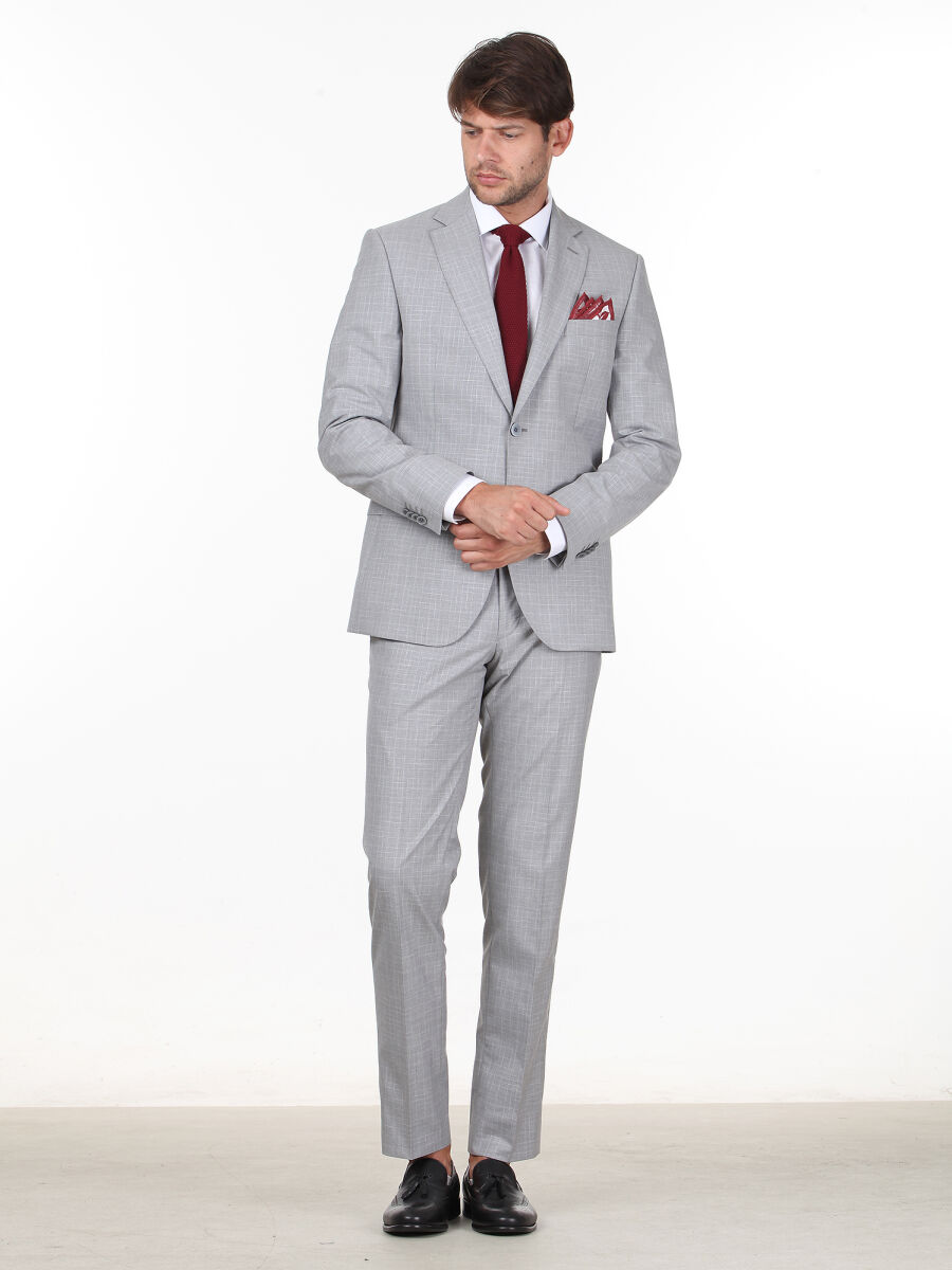 Light Grey Checkered Modern Fit Suit - 2