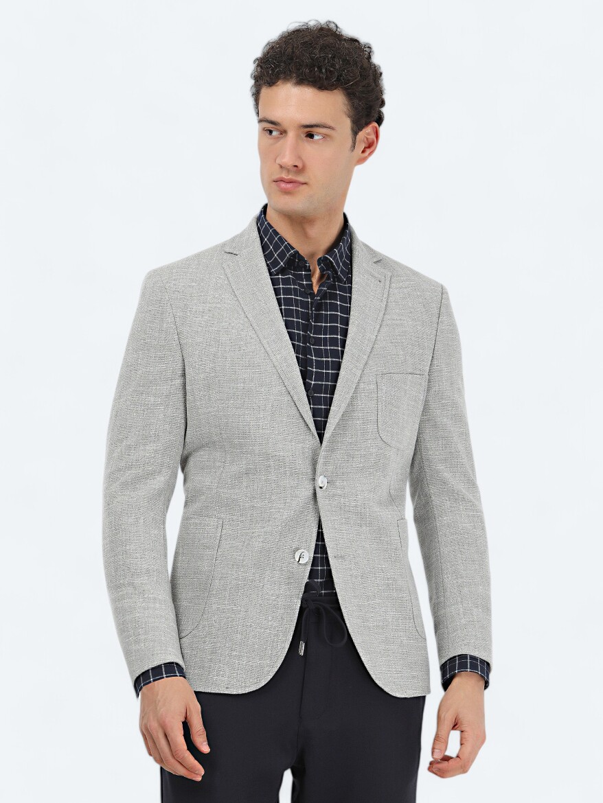 Light Grey Micro Regular Fit Cotton Blended Jacket - 1