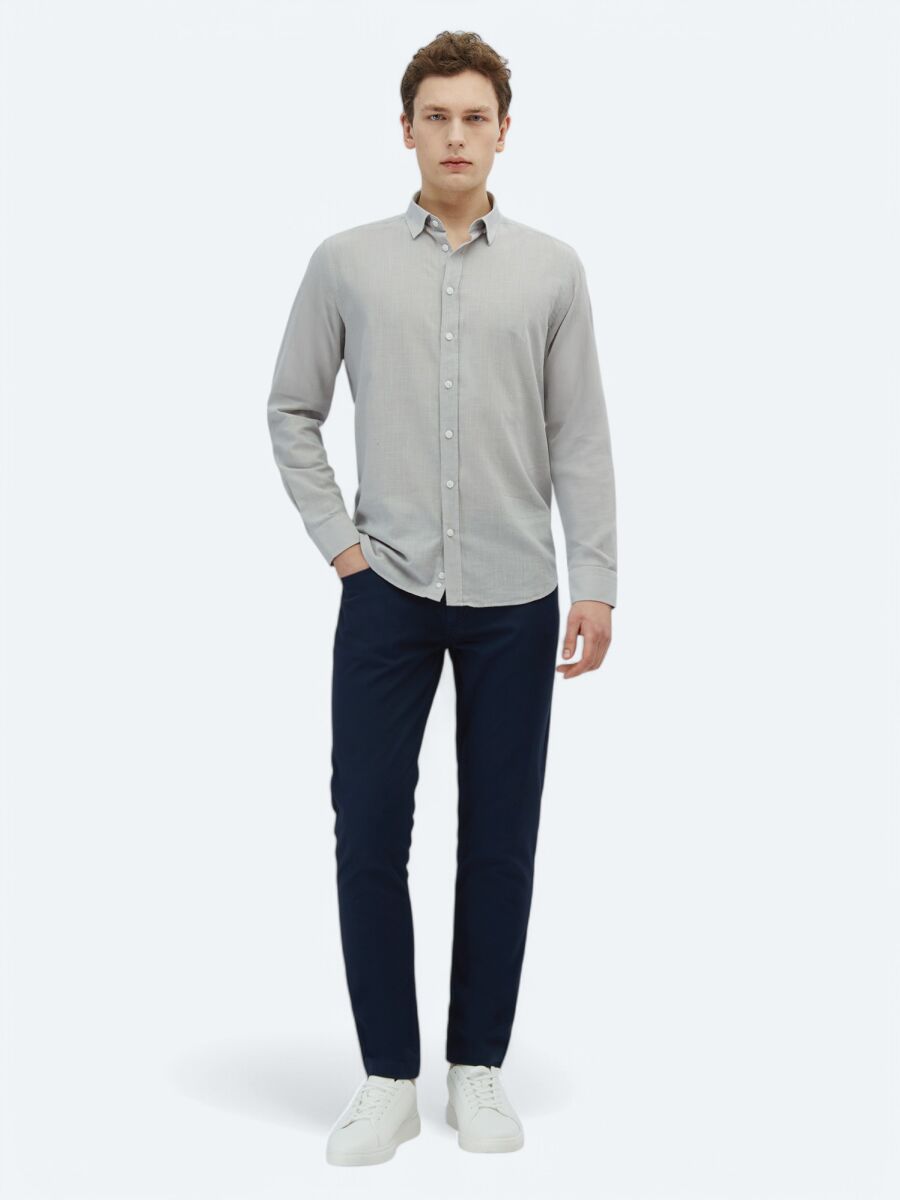 Light Grey Plain Regular Fit Long Weaving Casual 100% Cotton Shirt - 2