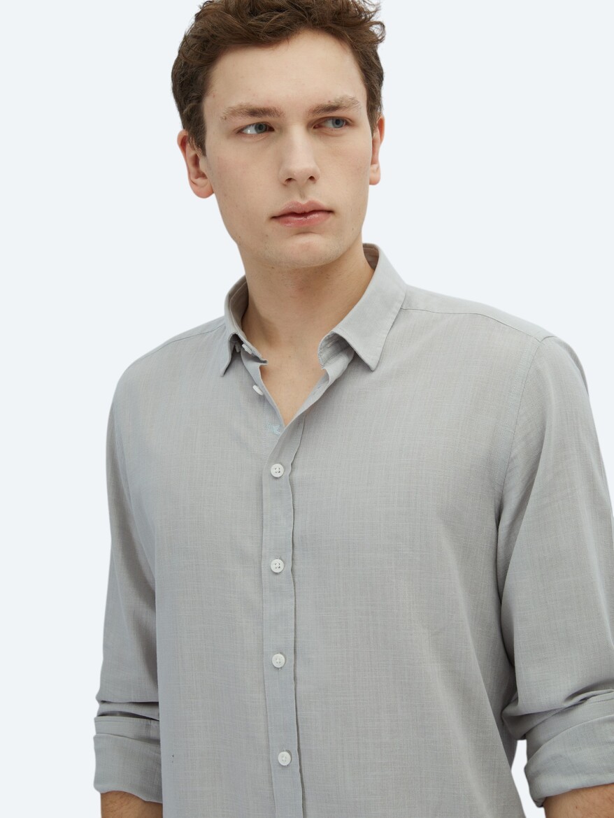 Light Grey Plain Regular Fit Long Weaving Casual 100% Cotton Shirt - 3