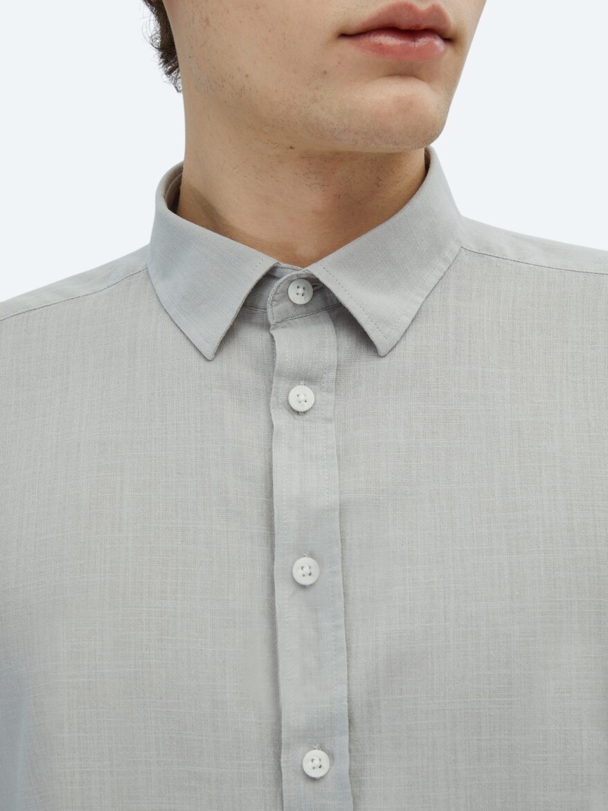 Light Grey Plain Regular Fit Long Weaving Casual 100% Cotton Shirt - 4