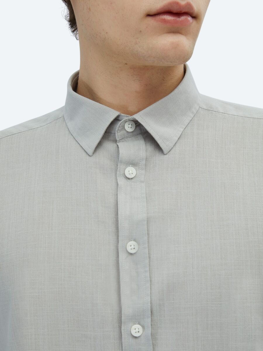 Light Grey Plain Regular Fit Long Weaving Casual 100% Cotton Shirt - 4