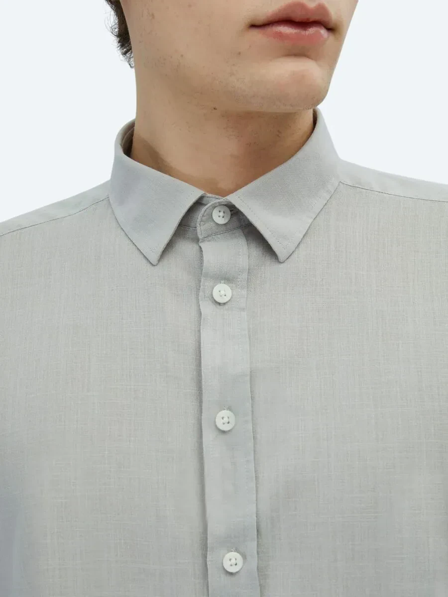 Light Grey Plain Regular Fit Weaving Casual 100% Cotton Shirt - 4
