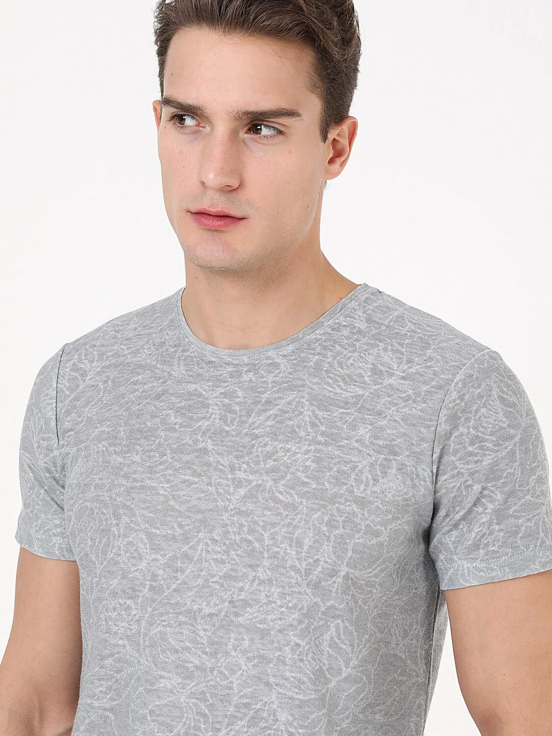 Light Grey Printed Crew Neck Cotton Blended T-Shirt - 2