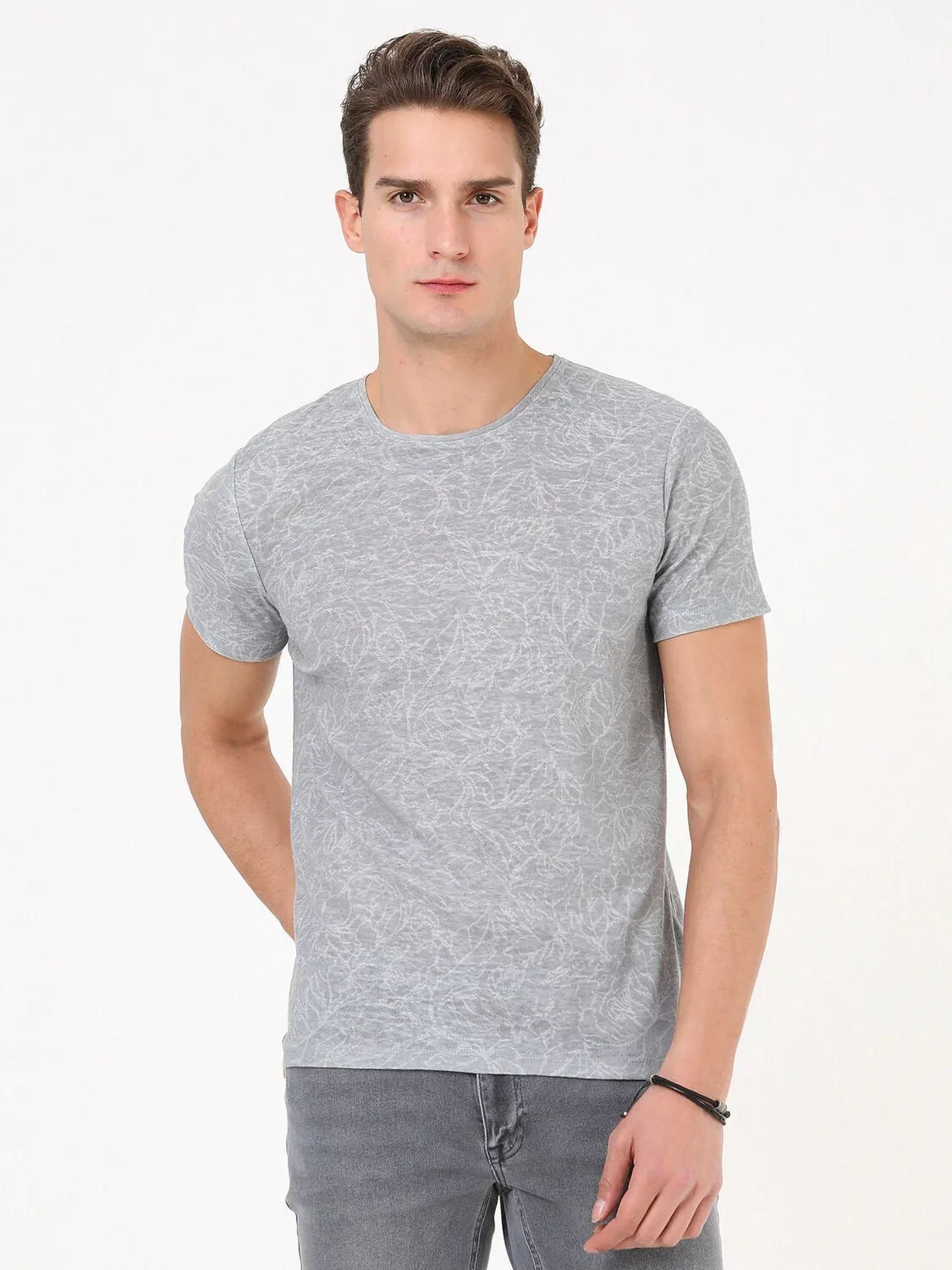 Light Grey Printed Crew Neck Cotton Blended T-Shirt - 3