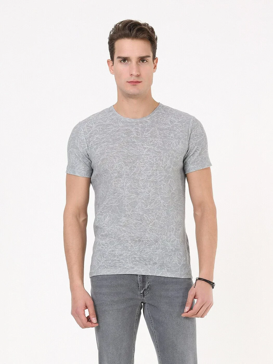 Light Grey Printed Crew Neck Cotton Blended T-Shirt - 4