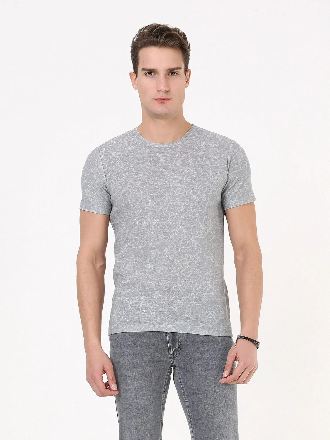Light Grey Printed Crew Neck Cotton Blended T-Shirt - 4