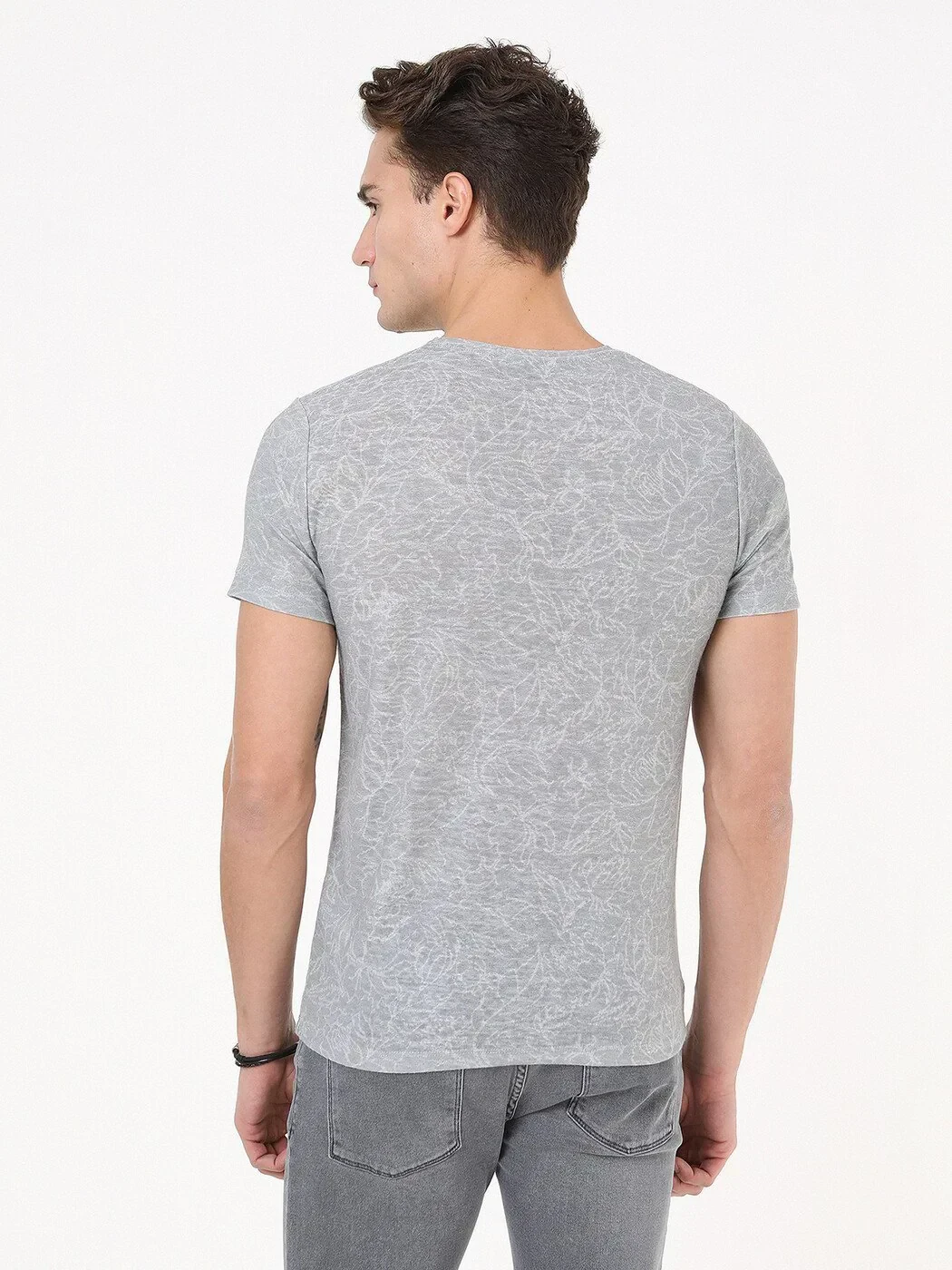 Light Grey Printed Crew Neck Cotton Blended T-Shirt - 5