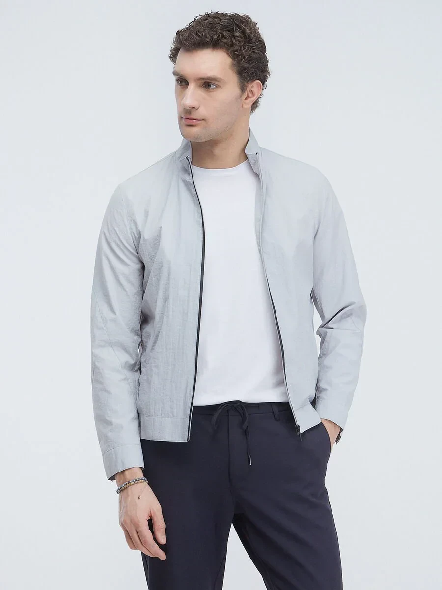 Light Grey Regular Fit Turtleneck Casual Weaving Coat - 1