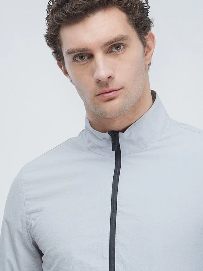 Light Grey Regular Fit Turtleneck Casual Weaving Coat 
