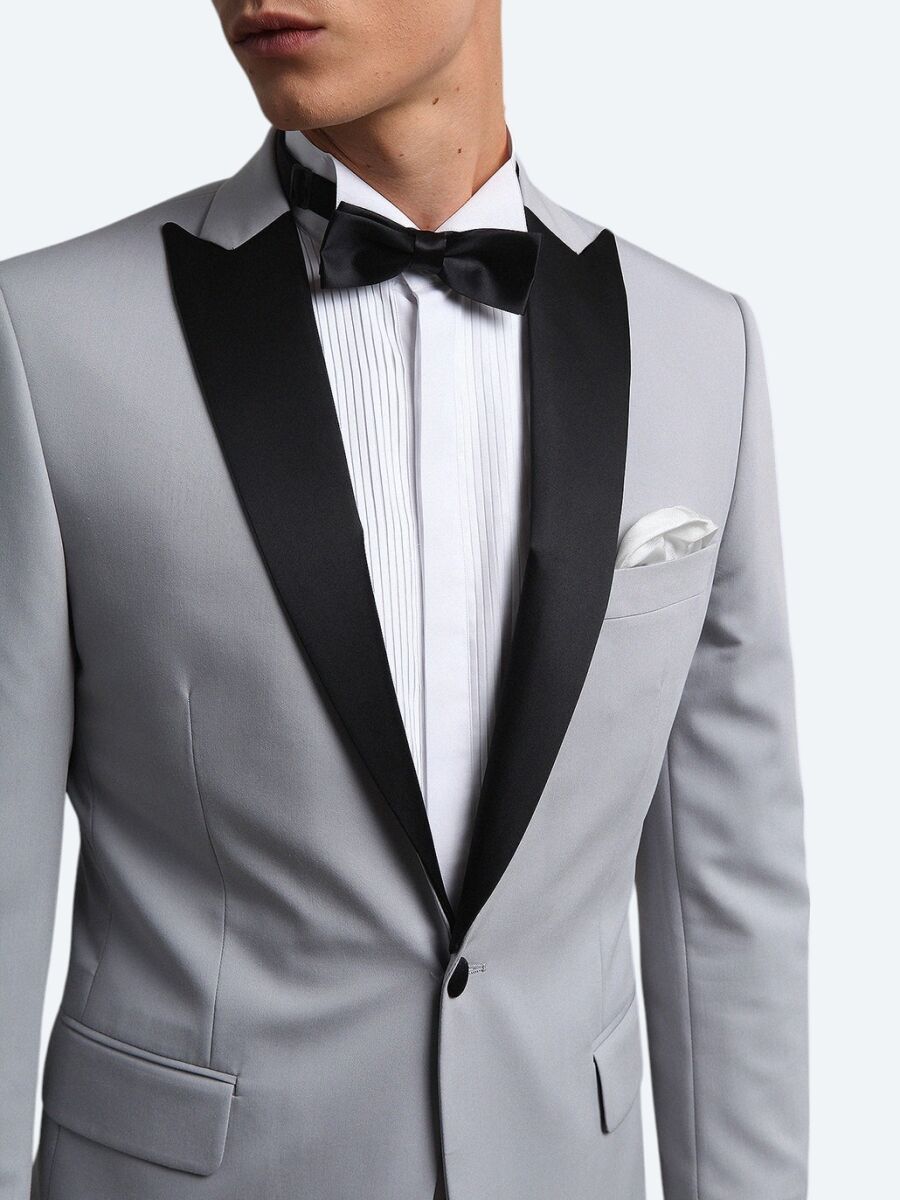 Light Grey Slim Fit Butterfly Collar Weaving Tuxedo - 3