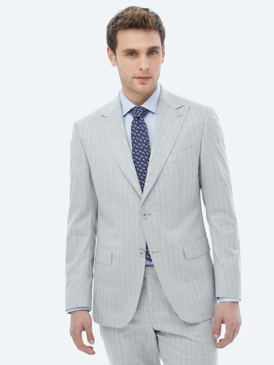 Light Grey Striped Modern Fit Suit - 10