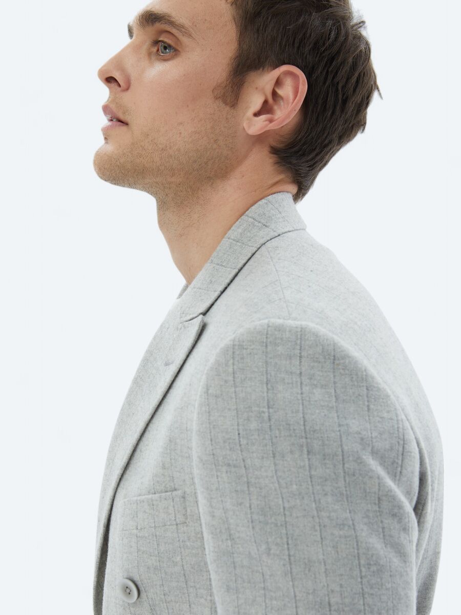 Light Grey Striped Modern Fit Wool Blended Suit - 5