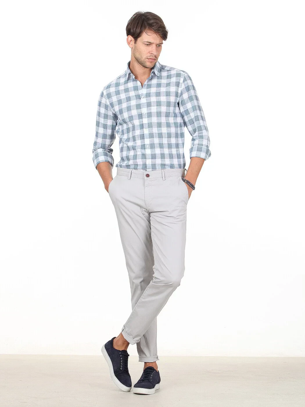 Light Grey Weaving Regular Fit Casual Cotton Blended Trousers - 1